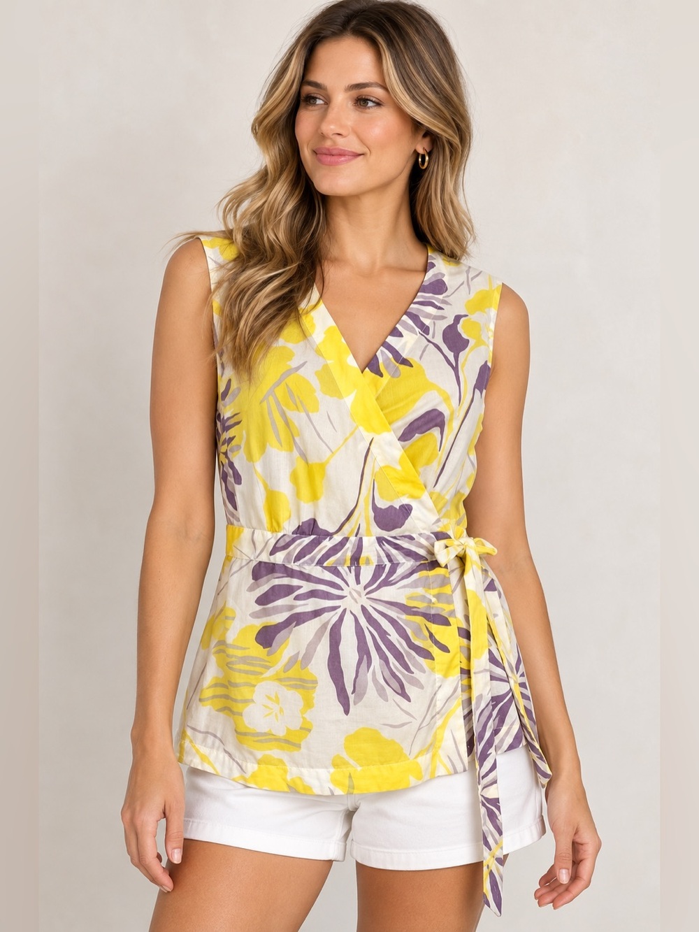 Great Plains Floral Wrap Top 100% Cotton Yellow Purple Size L